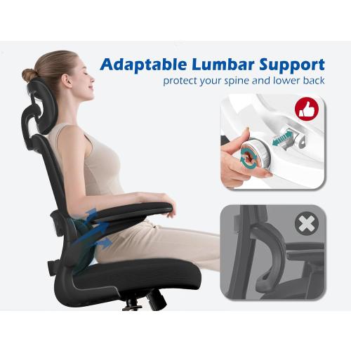 TRALT Ergonomic Office Chair - Desk Chair with Adjustable Headrest Lumbar Support Computer Chair - Mesh Comfy Chair with Flip-up Armrests - Gaming Chairs for Adults Home Office (Leather, Black) | Home Office Desk Chairs with Flip-up Armrests & 3D Headrest - Mesh Gaming Chair for Adults, 330lbs, PU Leather (Black, 1)