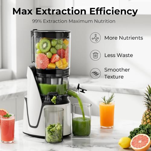 Juicer Machines, 3-in-1 Cold Press Juicer with 6.5 Extra Large Chute, 100oz Large Capacity, AC Motor, Makes Juice, Nut Milk & Sorbet, Bright White
