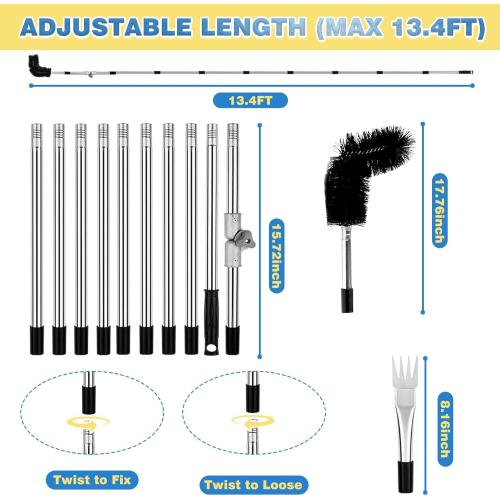 13FT Gutter Cleaning Tool from The Ground, No Ladder Needed - Adjustable Length Gutter Cleaner Pole with 180° Pivoting Head, Replaceable Brush & Shovel for Leaves, Debris