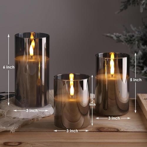 Eywamage Smoke Grey Glass Flameless Pillar Candles with Remote, Flickering LED Battery Candles Table Decor Set of 3