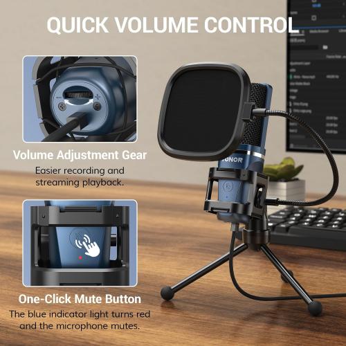 Color Blue TONOR TC-777 Podcast Microphone, USB Computer Microphone, Cardioid Condenser PC Mic with Tripod Stand and Pop Filter for Podcasting, Streaming, Vocal Recording, Compatible with PC & Laptop, PS4/5