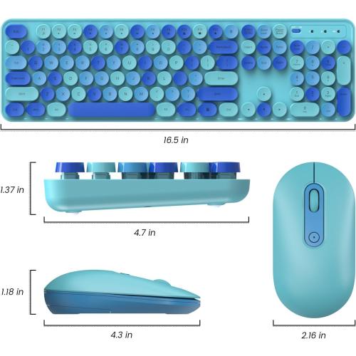 Wireless Keyboard and Mouse, LIZRROT Silent Keyboard Mouse Combo, Full-Sized Colorful Typewriter Keyboard with Round Keycaps, 2.4G Cute Mouse Compatible with PC/Laptop/Computer(Blue)