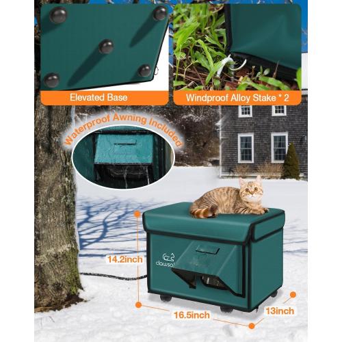 Indestructible Heated Cat House for Outside Cats Winter, 100% Weatherproof, Safe Escape Door, Insulated Outdoor Cat Shelter with Heater for Feral Barn Cat Kitty (Forest Green, 13x17x12.6)