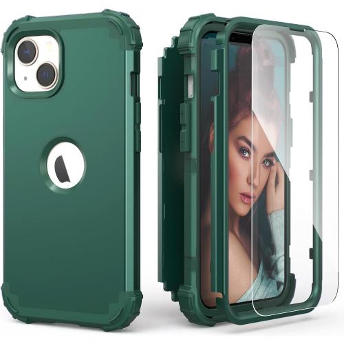 IDweel for iPhone 15 Case r, 3 in 1 Shockproof Slim Hybrid Heavy Duty Hard PC Cover Soft Silicone Bumper Full Body Case,Graphite Green