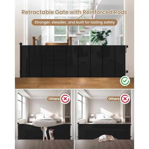 Retractable Baby Gate Extra Wide, 100 Wide Anti-Sagging Pet Gate with 8 Support Rods, 34 Tall Scratch-Resistant Extra Long Dog Gate for Large Openings, Doorways & Open Spaces, Black