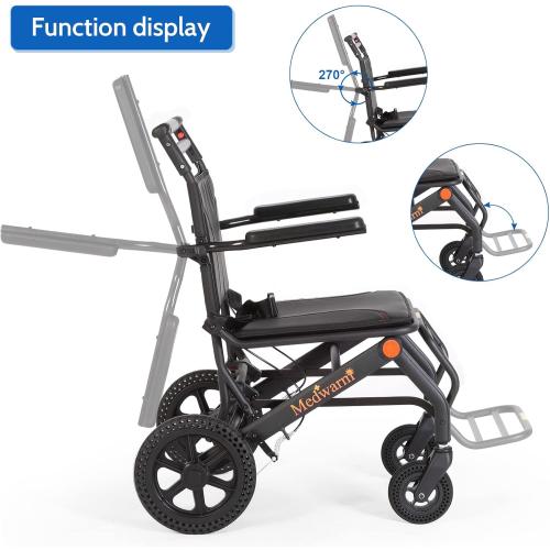 Portable Aluminum Transport Wheelchair with Handbrake, 11 Rear Wheels, Ultralight Folding Travel Wheelchair for Adults, Black (Seat Width:17.75)