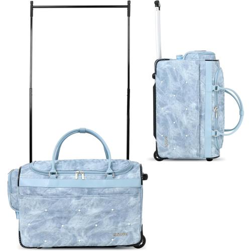 Fanwoli 23 Denim Dance Bag with Garment Rack, Competition Duffel | Creative-Denim Collection|Waterproof|Anti-Tipping Dual-Support Rack|9-Pocket Storage|Silent Wheels|10-Costume Capacity