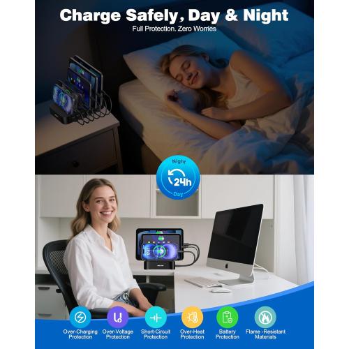 MSTJRY Charging Station for Multiple Devices : 6 Port USB Charger Stations - Family Multi-Device Organizer Charging Dock - Designed for iPhone iPad Android Cell Phone Tablet and Electronic, Black