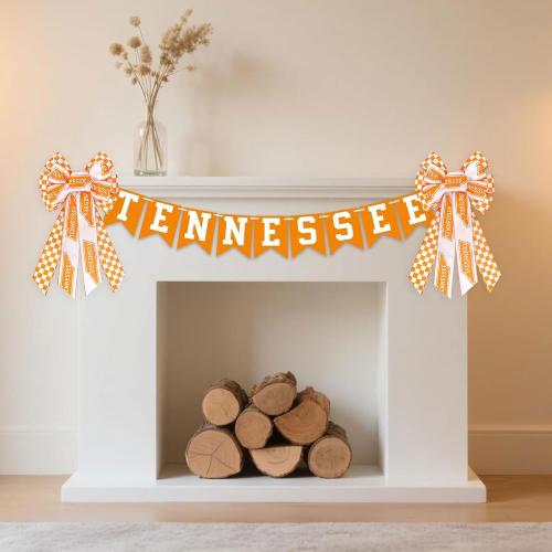 Large Tennessee Bow for Wreath Front Door, Orange White Checkerboard Tennessee Vols Wreath Bow for UT Football Fans Outdoor Wall Tree Topper Decor Sports Party Supplies Hanging Ornament