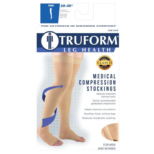 Truform 20-30 mmHg Compression Stockings for Men and Women, Thigh High Length, Dot-Top, Open Toe, Beige, Medium