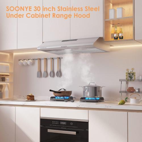 30 inch Stainless Steel Under Cabinet Range Hood, Slim Kitchen Vent Hood Ducted/Ductless Convertible with 3 Speed Controls, 5-Layer Aluminum Filters,LED Lights
