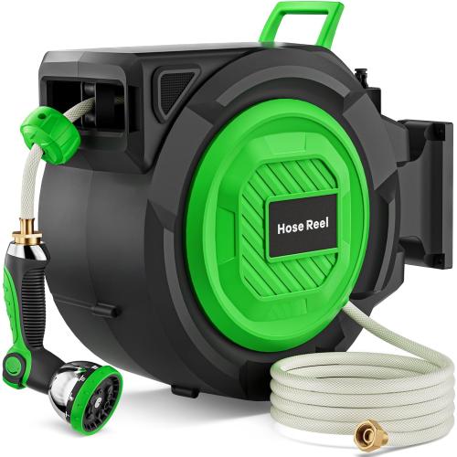 Size 1/2 x 100ft Color Green Retractable Garden Hose Reel, 1/2 in x 100 ft Heavy Duty Wall-Mounted Hose Reel with 180° Swivel Bracket, 10-Pattern Nozzle, Automatic Slow Return System, Any Length Lock for outside Watering,Cleaning