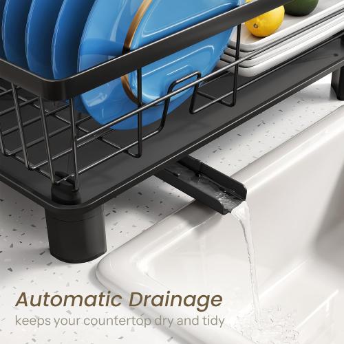 SNTD Dish Drying Rack - Small Dish Rack for Kitchen Counter, Stainless Steel Dish Drainer with Utensil Holder and Drainboard, 11 W x 15 L (Black)