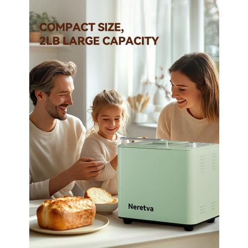 Neretva Bread Maker, 20-in-1 2LB Bread Machine Dual Heater & Nonstick Ceramic Pan Bread Makers Machine All Metal Compact for Gluten Free/Dough Maker/Meat Floss/Jam/Yogurt/Breadmaker Recipe-Light Green