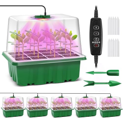 Verdenu Seed Trays with Grow Light, 5 Pack Seed Starter Tray with Timing Controller, 60-Cells Seed Starter kit Adjustable Brightness and Humidity, Thicken Seedling Trays for Greenhouse & Garden