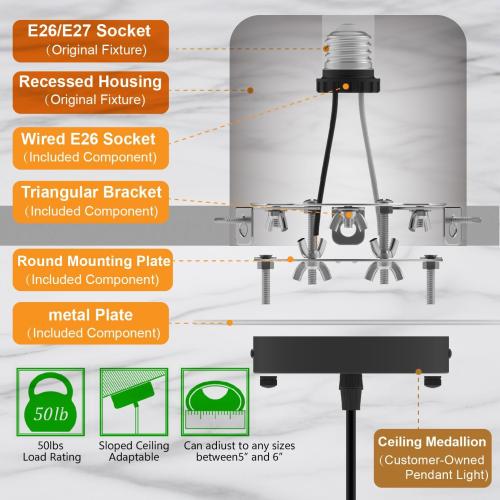 Recessed to Pendant Light Converter Kit 5 and 6 inch Can Light Conversion, Includes E26 Socket, Mounting Bracket, Round Ceiling Plate & White Cover
