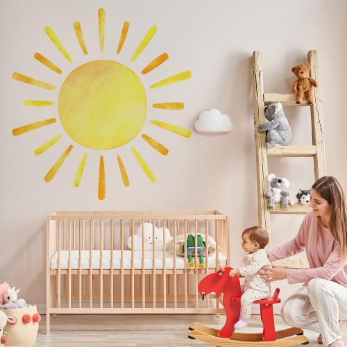 41.7” X 39.8” Watercolor Boho Sun Wall Decals Peel and Stick, PVC Sunrise Wall Stickers, Yellow Sunshine Wall Art Decor for Kids Room Playroom Nursery Bedroom