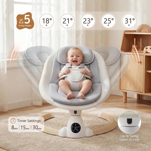 Baby Swing for Infants, Portable Electric Baby Swings with Bluetooth, 5 Swing Speed, 10 Melodies, 5-Point Harness, Remote Control & Touch Panel - Infant Swing for Indoor & Outdoor Use, Wood Grain