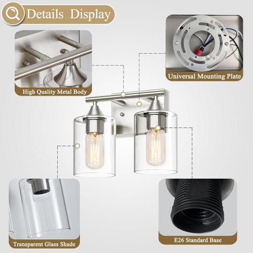 Bathroom Vanity Light Fixture, 2-Light Brushed Nickel Over Mirror, Modern for Bedroom Vanity Table Hallway