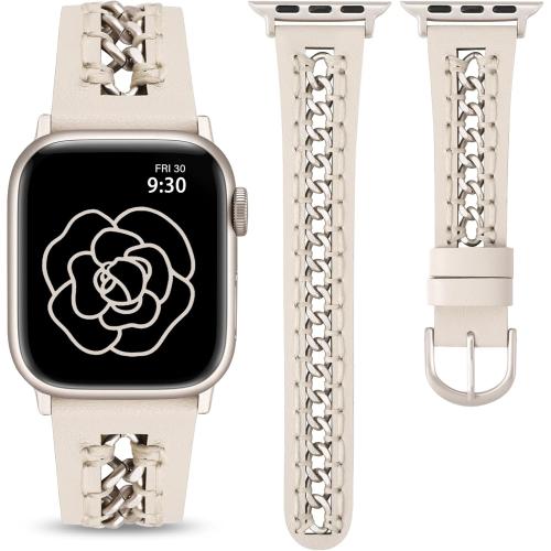 Minyee Leather Band Compatible with Apple Watch Bands 38/40/41/42/44/45/46/49mm Women, Dressy Premium Leather Strap with Stainless Steel Metal Chain for iWatch Series 11 10 9 8 7 6 5 4 SE/Ultra 3 2 1