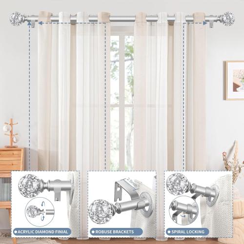 Silver Decorative Crystal Curtain Rods:66-120 Inch Heavy Duty Adjustable Window Curtains Rods for Bedroom Living Room,Nickel Modern Girly Acrylic Drapery Rods Set with Sheer Bling Foil Finials