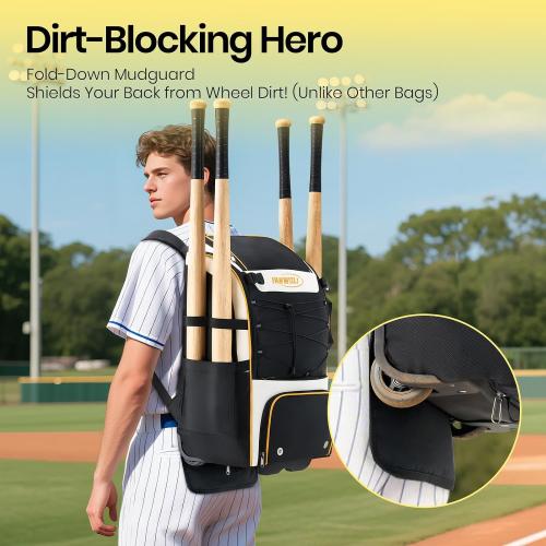Fanwoli Leather Rolling Baseball Bag - Youth Softball Bag with Wheels for Boys Girls - Rain Cover & Mud Guard for Clean Car - Premium 4-Bat Tournament Roller - Large Equipment Organizer