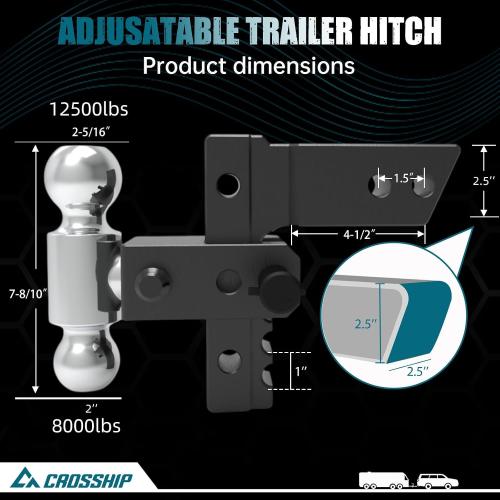 Adjustable Trailer Hitch - Heavy Duty Aluminum Drop Drawbar Hitch - Fits 2.5 Receiver, 6 Drop/Rise, for Truck, SUV, RV(18500 LBS GTW)
