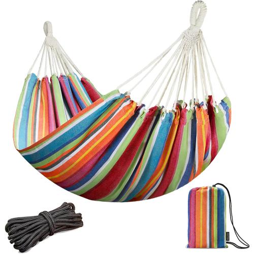 JoyView Brazilian Double Hammock with Hanging Ropes Extra Large 86.6x59” Portable Cotton Hammock for Patio Backyard Porch 450LBS Weight Capacity Perfect for Outdoor/Indoor - Color Stripes