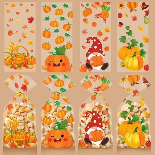 50Pcs Fall Thanksgiving Treat Bags, Happy Thanksgiving Candy Bags, Plastic Thanksgiving Goodie Bag, Fall Treat Goodie Cellophane Gift Bags with Twist Ties for Fall Party Decorations Supplies Favors