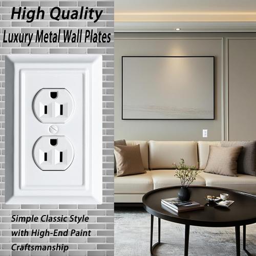 Metal Decorative Wall Plate, Electrical Outlet Covers, Light Switch Covers, Thick and Durable Mid Size 3.16'' x 4.92'' Switch Plate in Various Styles (Pure White, 1 Gang Duplex 4 PK)