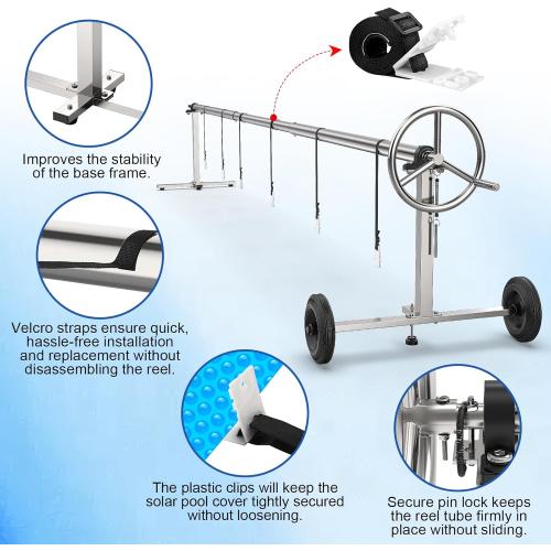 Abimars 18ft Pool Solar Cover Reel with Ball Bearings, 304 Stainless Steel Pool Solar Blanket Reel for Inground Pools, 304 Stainless Steel Tube Prevents Sagging, No Plastic Parts