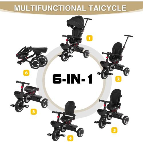 Baby Tricycle, 6-in-1 Folding Tricycle with Removable Push Handle, Rotatable Seat, Adjustable Canopy, Storage Box, Safety Harness, Balance Bike, Toddler Trike for 7 Months - 5 Year Girls and Boys