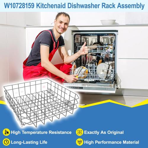 2026 UPGRADED W10728159 Dishwasher Lower Rack Replacement W10525646,Compatible with Kitchenaid Kenmore Whirlpool Maytag Dishwasher Bottom Rack Parts KDFE104DSS4/KDTE104ESS4,Comes 4pcs WP3376961 Roller
