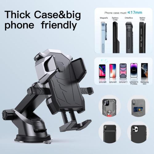 Car Phone Holder Mount Dashboard & Windshield Hands Free, Cell Phone Holder with Super Suction Cup and Long Arm Compatible with iPhone Samsung & Other Cellphone