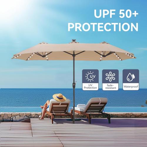 GREEN PARTY 13 ft Rectangle Patio Umbrella with Solar Lights, Double-Sided Market Table Umbrella with Crank, Large Outdoor Umbrellas for Patio Poolside Garden Backyard, Beige