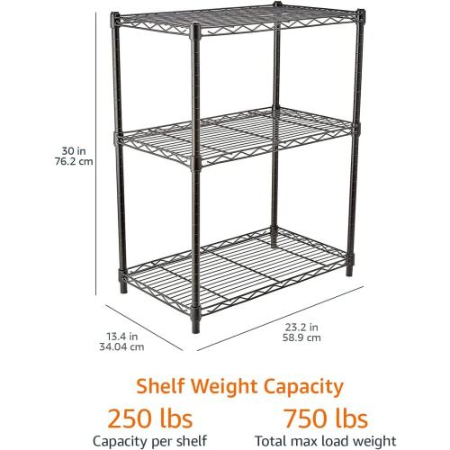 Amazon Basics 3-Shelf Adjustable Heavy Duty Steel Wire Rack Storage Shelving Organizer for Kitchen, Garage, 23.2 L x 13.4 W x 30 H, Black