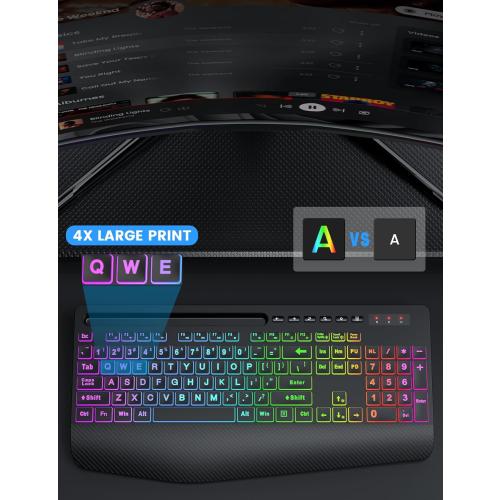 Color Black SABLUTE Wireless Keyboard and Mouse Combo, 9 Backlit Effects, Large Print, Wrist Rest, Phone Holder, 2.4G Lag-Free Ergonomic Keyboards, Rechargeable Easy to See Cordless Set for Computer, Laptop, PC