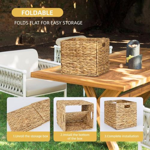 4 Pack Size  13 x 11in Rectangular Wicker Storage Bins, Water Hyacinth Baskets, Foldable Wicker Baskets, Storage Basket with Built-in Handles, Handwoven Natural Basket for Shelves, Outdoor