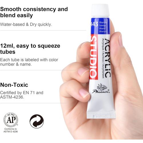 PHOENIX Acrylic Paint Set, 18x12ml Tubes, Non-toxic Craft Paints for Canvas, Paper, Wood, Ceramic, Acrylic Painting Supplies for Adults, Beginners