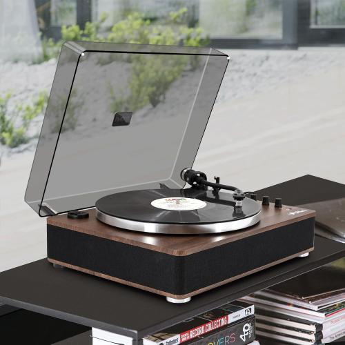 Color Brown and Black LP&No.1 Vinyl Record Player with Built-in Speakers, Vinyl Turntable with Magnetic Cartridge, Wireless,USB Recording and Playback,BT Out, Aux-in, Headphone Output,Auto Off, AT-3600L, 2-Speed Player