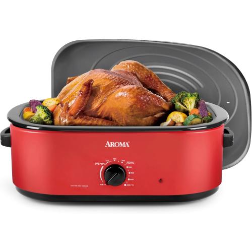 AROMA 18Qt. Roaster Oven with Self-Basting Lid, Fits 22-lb. Turkey, Adjustable Temperature Settings, Keep Warm Setting, Red