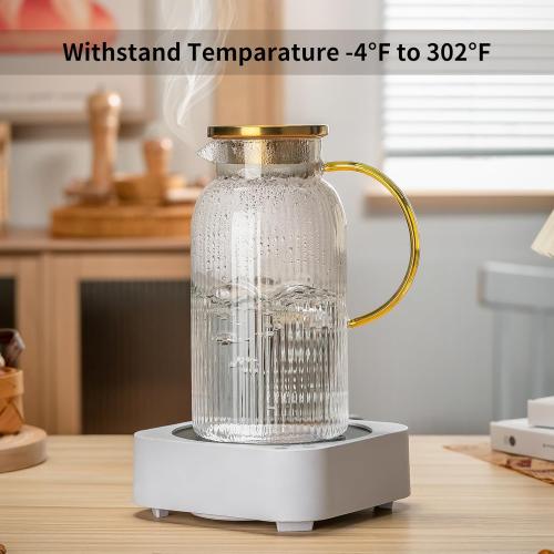 2 PACK Size 68oz Glass Pitcher with Lid, 68 oz/ 2 Liter Classic Vertical Stripes Water Pitcher with Yellow Handle,Glass Water Carafe for Cold Brew, Coffee, Lemonade, Iced Sun Tea,Beverage,Heat Resistant
