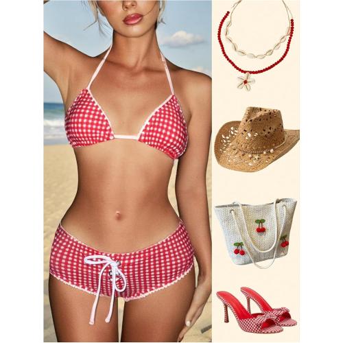 Size M Women's 2 Piece Plaid Bikini Set Gingham Halter String Triangle Bathing Suit Cheeky Swimshorts Swimsuits
