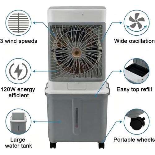Water AC Unit, 8.5gal Water Tank, 120° Oscillation with 7H Timer and 3 Cooling Modes, Evaporative Cooler for Home, Office & Garage Use