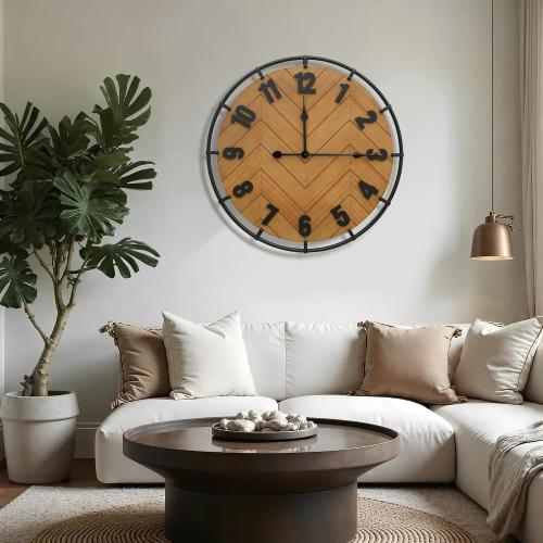 Micasso 27 Inch Large Farmhouse Wall Clock - Silent Non Ticking Rustic Wood & Metal Wall Decor, Oversized Antique Decorative Battery Operated Clock for Living Room, Kitchen, Office, Bedroom