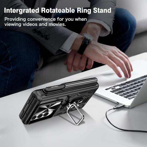 VEGO for Galaxy Z Fold 4 Case, with [S Pen Holder][Hinge Protection][360-degree Rotating Kickstand][Slide Camera Cover][Front HD Screen Protector] Protective Cover for Samsung Z Fold 4 - Black