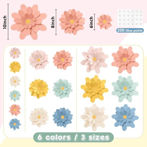 MotiMind 18 Pcs Bright Color Paper Flowers DIY Decorations for Wall, Classroom, Office & Party Backdrop