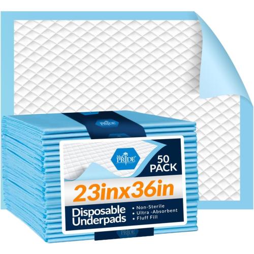 MED PRIDE Disposable Chux Pads 23in X 36in, Super Absorbent Bed Pads for Incontinence, Underpads for Adults, Kids, Pets (50 Count (Pack of 1) Blue/White)