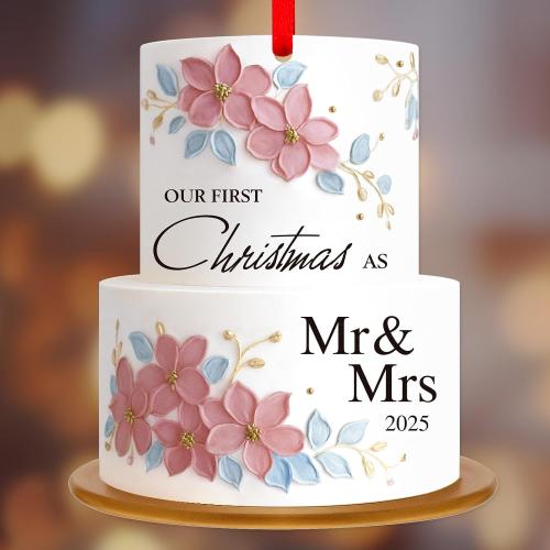 WhatSign Wedding Ornament for Newlywed Couples - Acrylic Our First Christmas as Mr & Mrs 2025 Holiday Decor Cake Shape Engagement Gift Personalized Keepsake for Christmas Tree（2D）