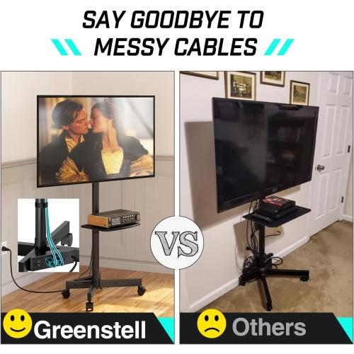 GREENSTELL TV Stand with Power Outlet, Mobile TV Cart on Wheels for 23-60 inch LED LCD Flat Curved Panel Screen TVs, up to 88 lbs, Height Adjustable Rolling TV Stand with AV Shelf, Max VESA 400x400mm